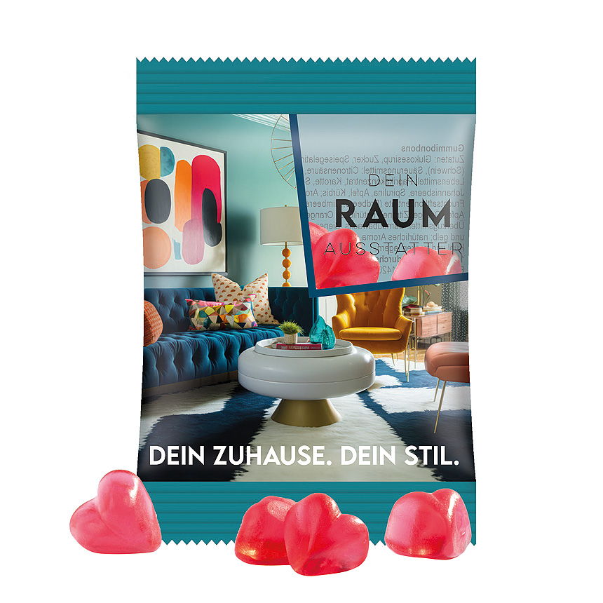 Mini bag 15g, foil transparent, Trolli fruit jelly gums heart transparent - foto Trolli fruit jelly gums in a bag made of transparent foil, individually printed. Content: Trolli fruit jelly gums heart, Premium quality with 10% fruit juice… transparent - foto
