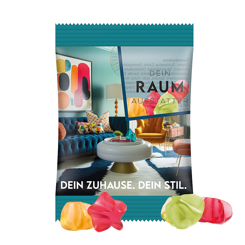 Mini bag 15g, foil transparent, Trolli fruit jelly gums stars transparent - foto Trolli fruit jelly gums in a bag made of transparent foil, individually printed. Content: Trolli fruit jelly gums stars, in premium quality with 10 % fruit… transparent - foto
