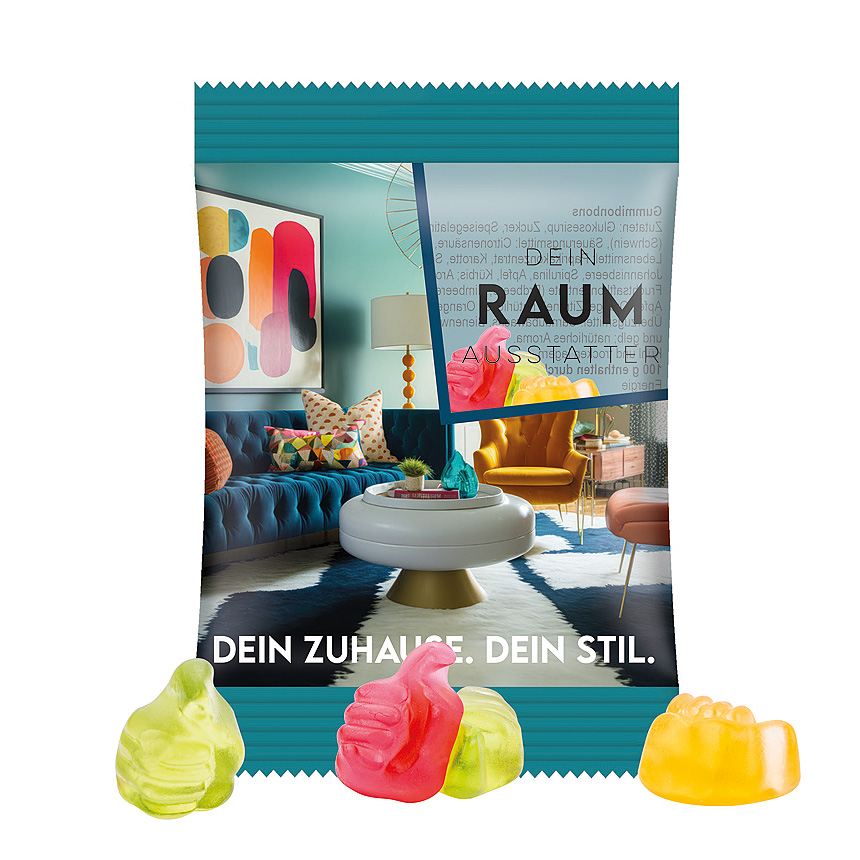 Mini bag 15g, foil transparent, Trolli fruit jelly gums thumbs transparent - foto Trolli fruit jelly gums in a bag made of transparent foil, individually printed. Content: Trolli fruit jelly gums thumbs, in premium quality with 10 % fruit… transparent - foto