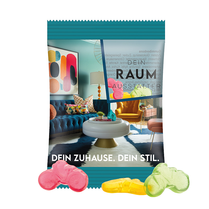 Mini bag 15g, foil transparent, Trolli fruit jelly gums bicycle transparent - foto Trolli fruit jelly gums in a bag made of transparent foil, individually printed. Content: Trolli fruit jelly gums bicycle, in premium quality with 10 % fruit… transparent - foto
