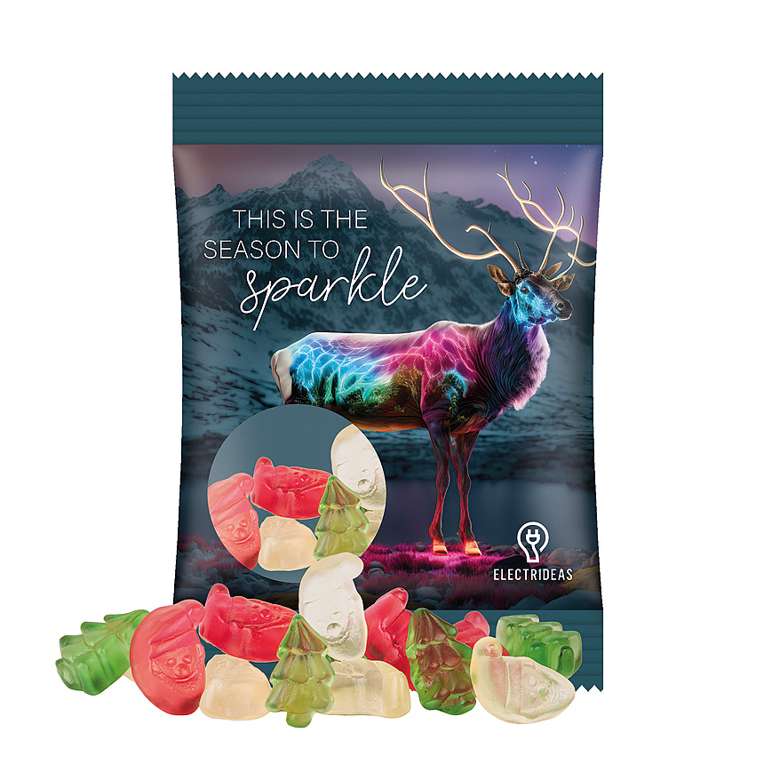 Mini bag 15g, foil transparent, Trolli fruit jelly gums Christmas mix transparent - foto Trolli fruit jelly gums in a bag made of transparent foil, individually printed. Content: Trolli fruit jelly gums Christmas mix (Santa Claus red and… transparent - foto