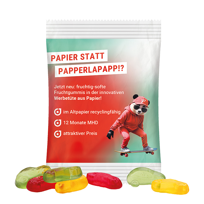 Mini bag 15g, recyclable PaperPlus Pro white, Trolli fruit jelly gums cars bílá - foto Trolli fruit jelly gums in a bag made of white, recycable PaperPlus Pro, individually printed. Content: Trolli fruit jelly gums cars, in premium quality with… bílá - foto