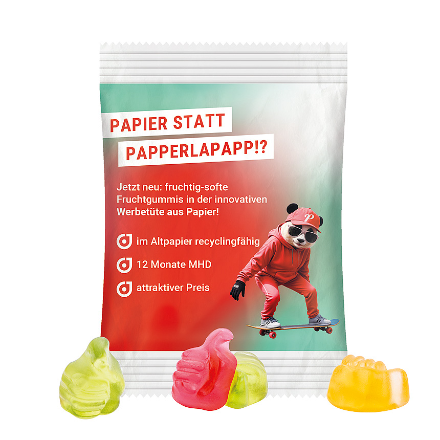 Mini bag 15g, recyclable PaperPlus Pro white, Trolli fruit jelly gums thumbs bílá - foto Trolli fruit jelly gums in a bag made of white, recycable PaperPlus Pro, individually printed. Content: Trolli fruit jelly gums thumbs, in premium quality with… bílá - foto
