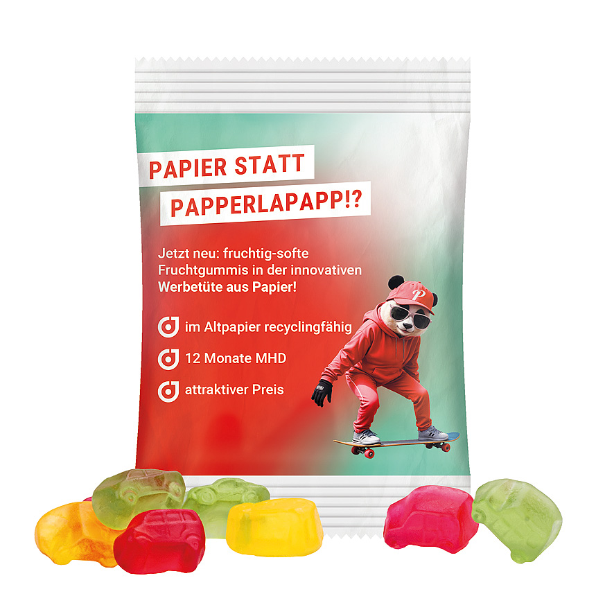 Mini bag 15g, recyclable PaperPlus Pro white, Trolli fruit jelly gums car mixture - white Mini bag 15g, recyclable PaperPlus Pro white, Trolli fruit jelly gums car mixture - white