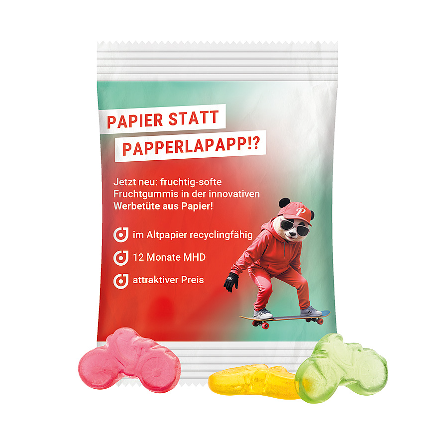 Mini bag 15g, recyclable PaperPlus Pro white, Trolli fruit jelly gums bicycle bílá - foto Trolli fruit jelly gums in a bag made of white, recycable PaperPlus Pro, individually printed. Content: Trolli fruit jelly gums bicycle, in premium quality… bílá - foto