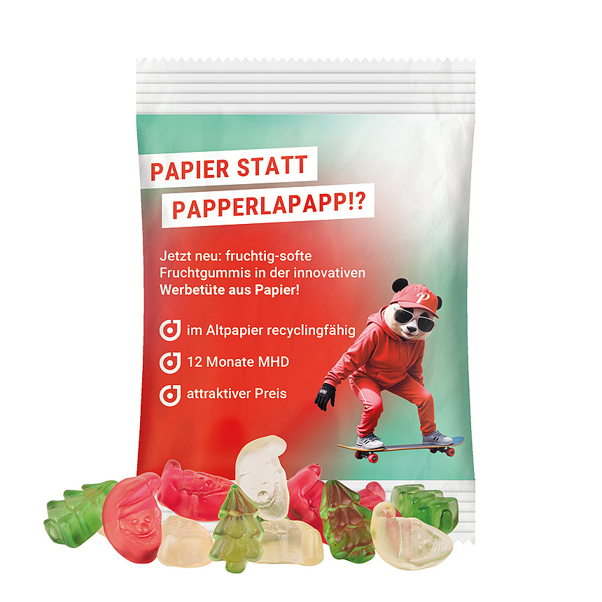 Mini bag 15g, recyclable PaperPlus Pro white, Trolli fruit jelly gums Christmas mix - bílá Mini bag 15g, recyclable PaperPlus Pro white, Trolli fruit jelly gums Christmas mix - bílá