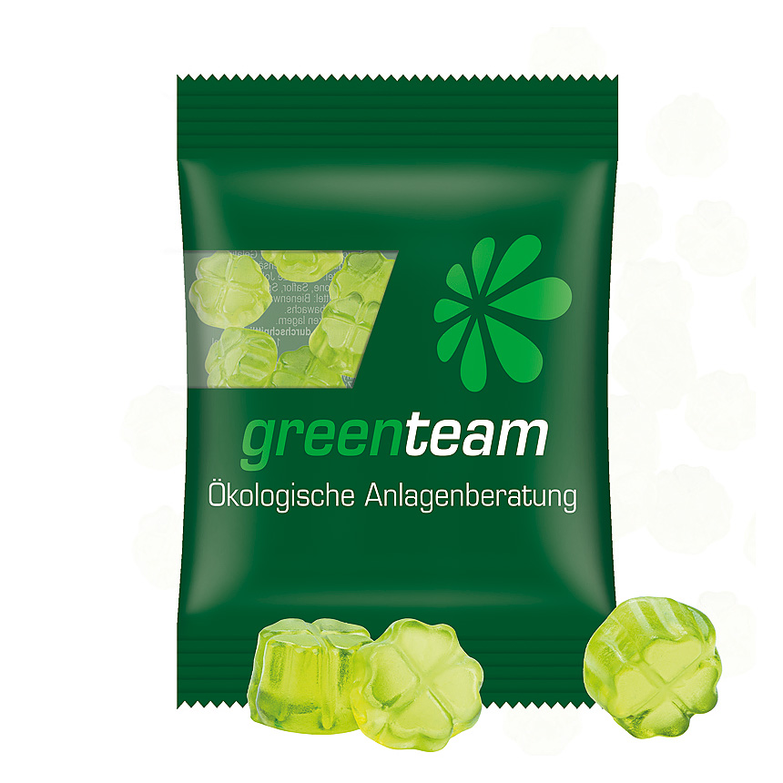 Mini bag 15g, compostable foil transparent, Trolli fruit jelly gums clover leaf - transparentní