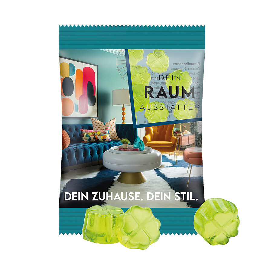 Mini bag 15g, foil transparent, Trolli fruit jelly gums clover leaf transparent - foto Trolli fruit jelly gums in a bag made of transparent foil, individually printed. Content: Trolli fruit jelly gums clover leaf green, in premium quality with 10… transparent - foto