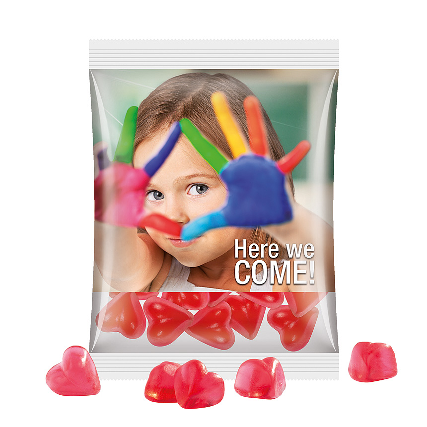 Maxi bag 50g, foil transparent, Trolli fruit jelly gums heart - transparentní