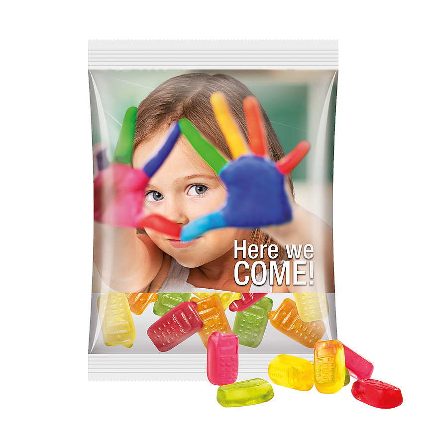 Maxi bag 50g, foil transparent, Trolli fruit jelly gums mobile - transparentní Maxi bag 50g, foil transparent, Trolli fruit jelly gums mobile - transparentní