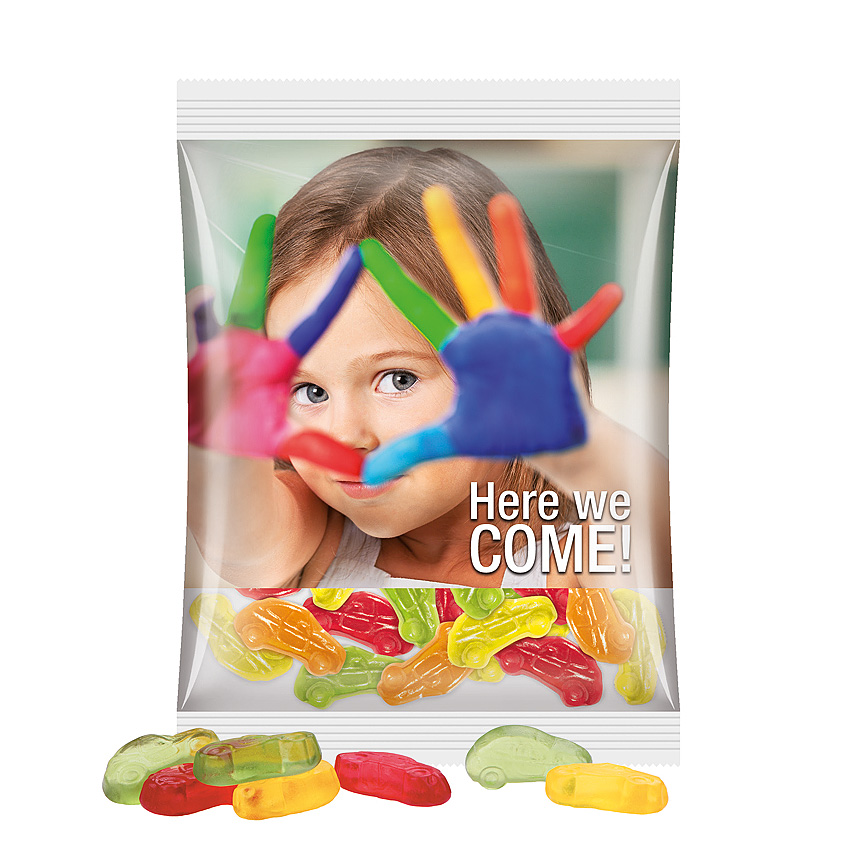 Maxi bag 50g, foil transparent, Trolli fruit jelly gums cars - transparentní Maxi bag 50g, foil transparent, Trolli fruit jelly gums cars - transparentní