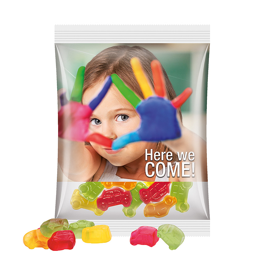 Maxi bag 50g, foil transparent, Trolli fruit jelly gums car mixture - transparent
