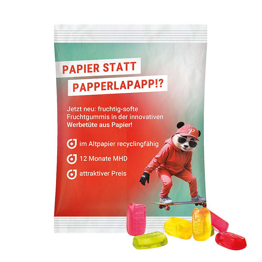 Maxi bag 50g, recyclable PaperPlus Pro white, Trolli fruit jelly gums mobile - bílá Maxi bag 50g, recyclable PaperPlus Pro white, Trolli fruit jelly gums mobile - bílá