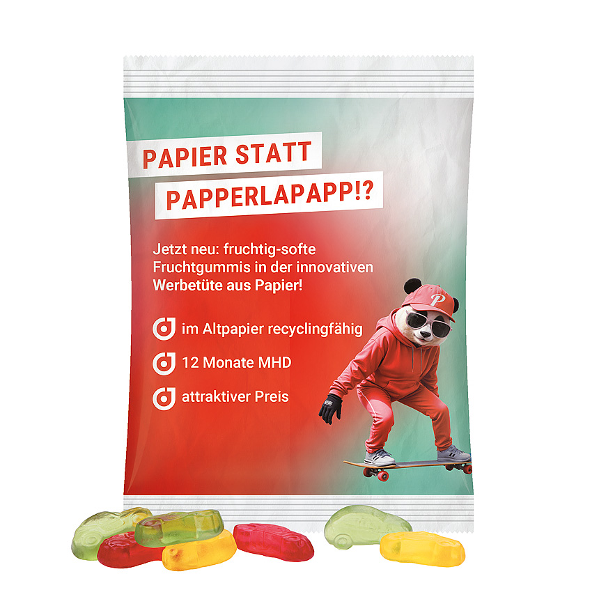 Maxi bag 50g, recyclable PaperPlus Pro white, Trolli fruit jelly gums cars - bílá