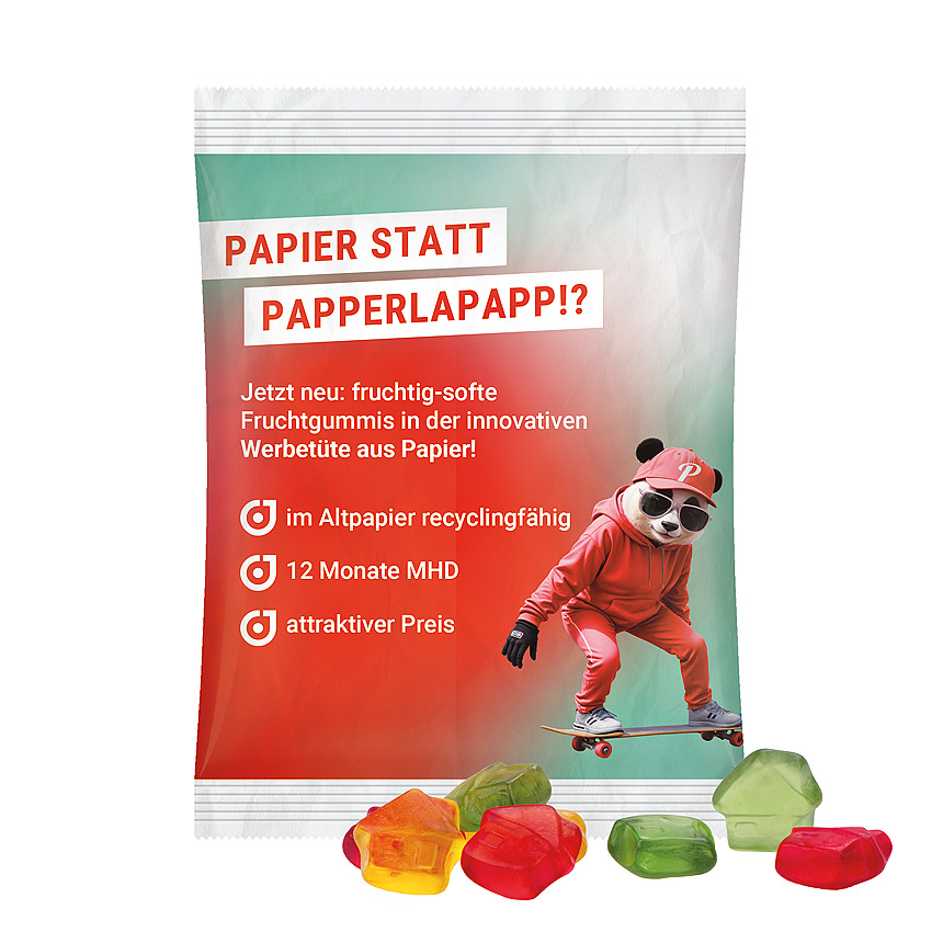Maxi bag 50g, recyclable PaperPlus Pro white, Trolli fruit jelly gums house - bílá Maxi bag 50g, recyclable PaperPlus Pro white, Trolli fruit jelly gums house - bílá