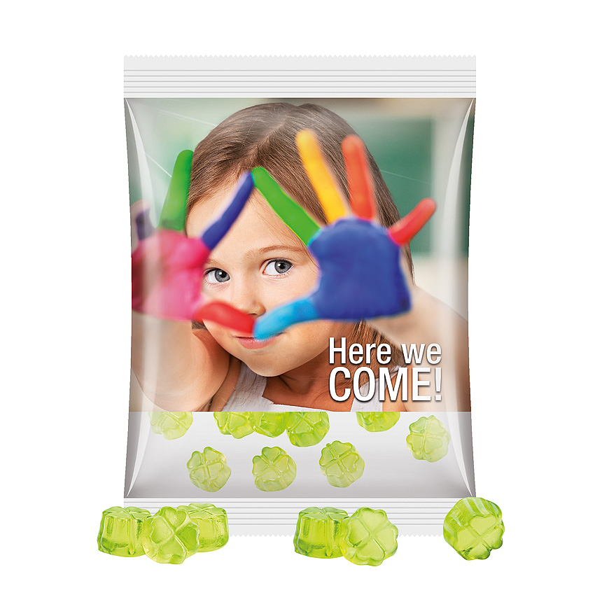 Maxi bag 50g, foil transparent, Trolli fruit jelly clover leaf - transparent