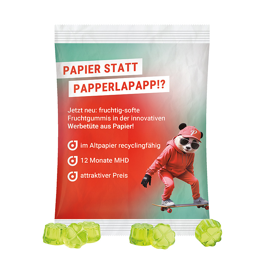 Maxi bag 50g, recyclable PaperPlus Pro white, Trolli fruit jelly gums clover leaf - white