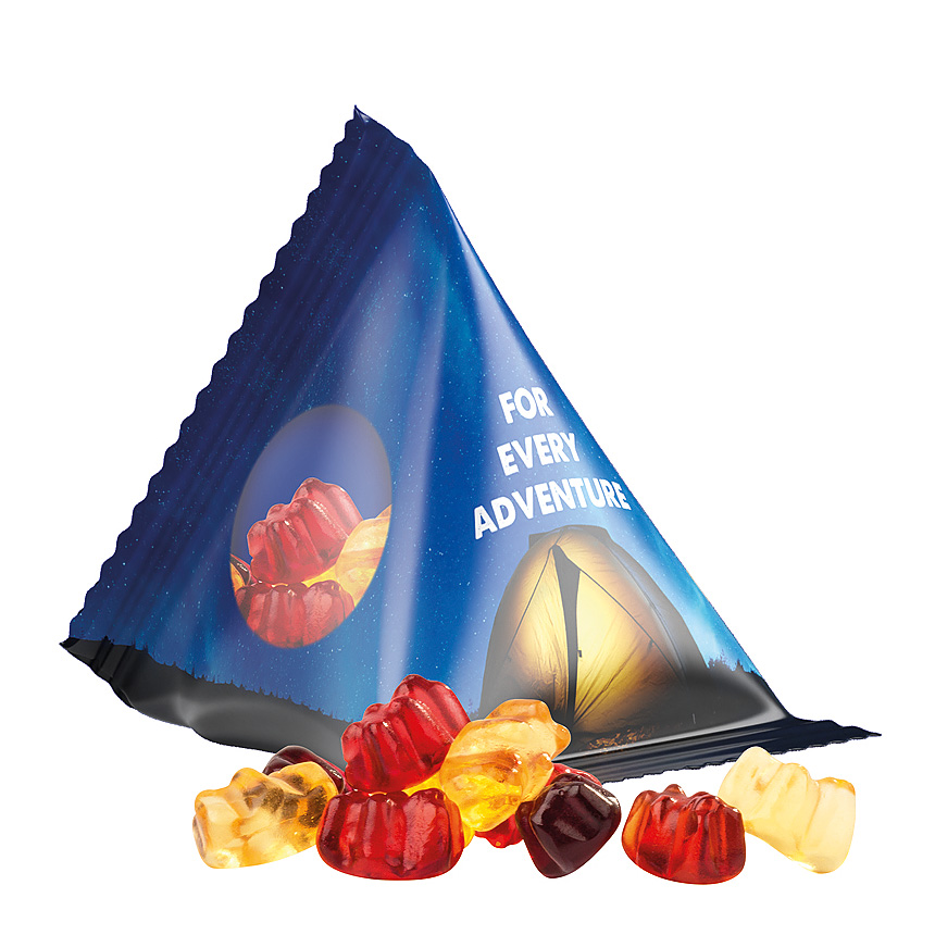 Jelly gums tetrahedron, foil transparent, Trolli fruit jelly bears with 30 % fruit juice - transparent