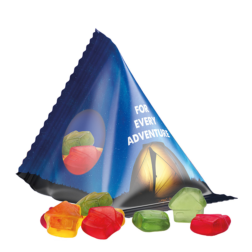 Jelly gums tetrahedron, foil transparent, Trolli fruit jelly gums house - transparent Jelly gums tetrahedron, foil transparent, Trolli fruit jelly gums house - transparent