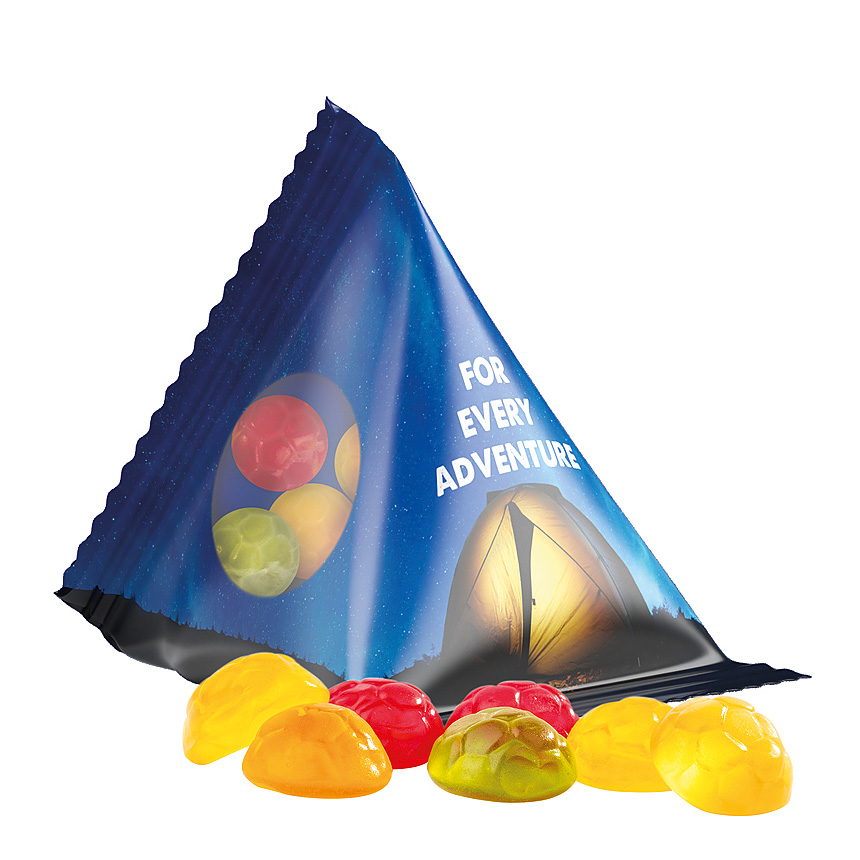 Jelly gums tetrahedron, foil tranpsarent, Trolli fruit jelly gums soccer ball transparentní - foto Trolli fruit jelly gums in a tetrahedron, transparent foil, individually printed. Content: Trolli fruit jelly gums soccer balls, in premium quality with 10 %… transparentní - foto