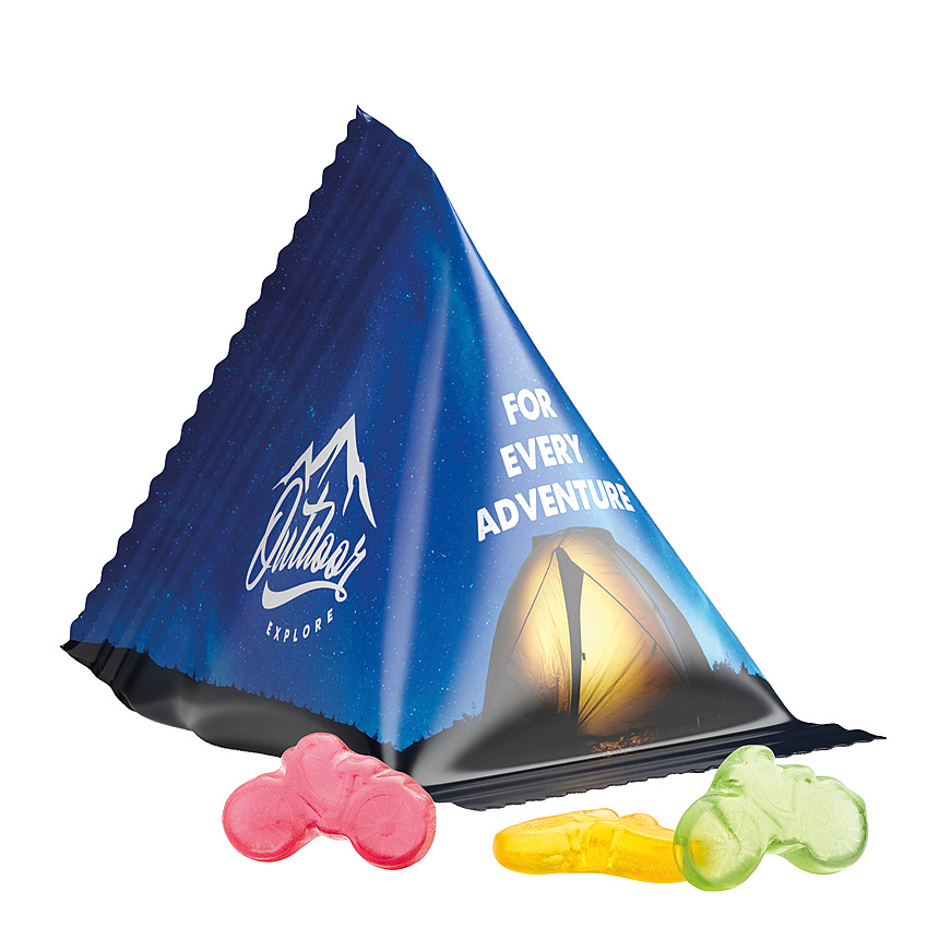 Jelly gums tetrahedron, foil white, Trolli fruit jelly gums bicycle bílá - foto Trolli fruit jelly gums in a tetrahedron, white foil, individually printed. Content: Trolli fruit jelly gums bicycle, in premium quality with 10 % fruit juice… bílá - foto