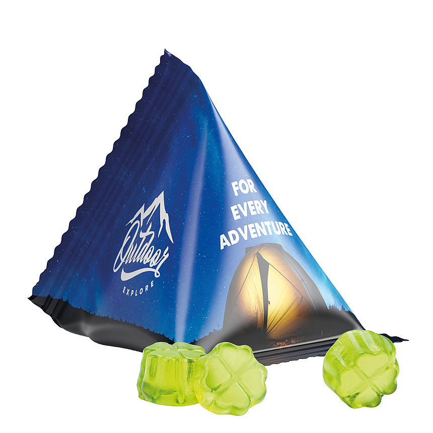 Jelly gums tetrahedron, foil white, Trolli fruit jelly gums clover leaf bílá - foto Trolli fruit jelly gums in a tetrahedron, white foil, individually printed. Content: Trolli fruit jelly gums clover leaf green, in premium quality with 10 %… bílá - foto