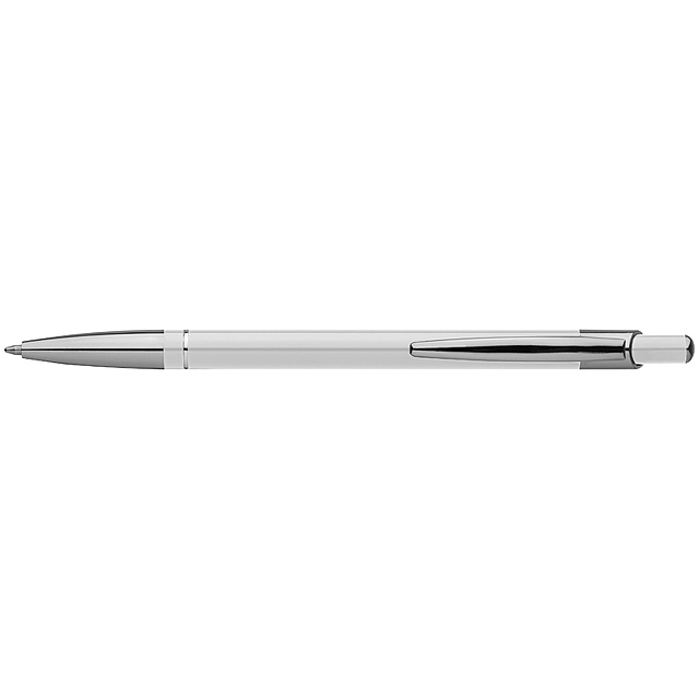 Tenké hliníkové elegantné guľôčkové pero s modrou náplňou. Ako potlač odporúčame gravírovanie.  - biela - foto