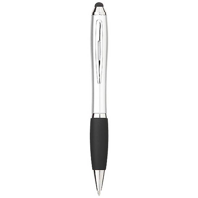 Barevné kuličkové pero a stylus Nash s černým úchopem - stříbrná