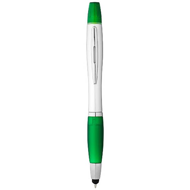 Kuličkové pero s otočným mechanismem, stylus a zvýrazňovač, opatřeno měkkým úchopem.  - zelená - foto