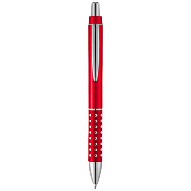 Kuličkové pero s mechanismem přítlačného typu a hliníkovým úchopem zdobeným lesklými motivy.  - červená - foto