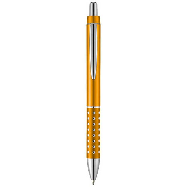 Kuličkové pero s mechanismem přítlačného typu a hliníkovým úchopem zdobeným lesklými motivy.  - oranžová - foto