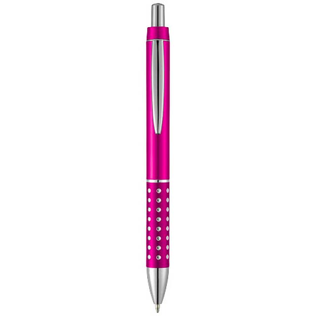 Kuličkové pero s mechanismem přítlačného typu a hliníkovým úchopem zdobeným lesklými motivy.  - růžová - foto