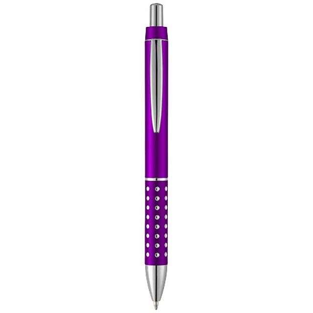 Kuličkové pero s mechanismem přítlačného typu a hliníkovým úchopem zdobeným lesklými motivy.  - fialová - foto