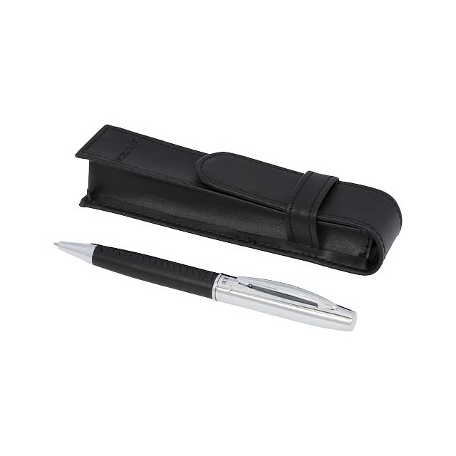 Kuličkové pero exkluzivního designu spočívajícího v kůži potaženém těle pera, s pouzdrem na pero z koženky, baleno v dárkové kazetě „LUXE“.  - černá - foto