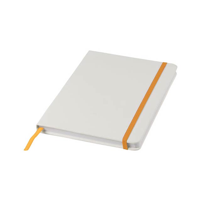 Bílý zápisník A5 s barevným elastickým zavíráním a stužkou. Obsahuje 80 listů linkovaného papíru (60g/m2). Digitální tisk lze provést na přebal.  - bílá - foto