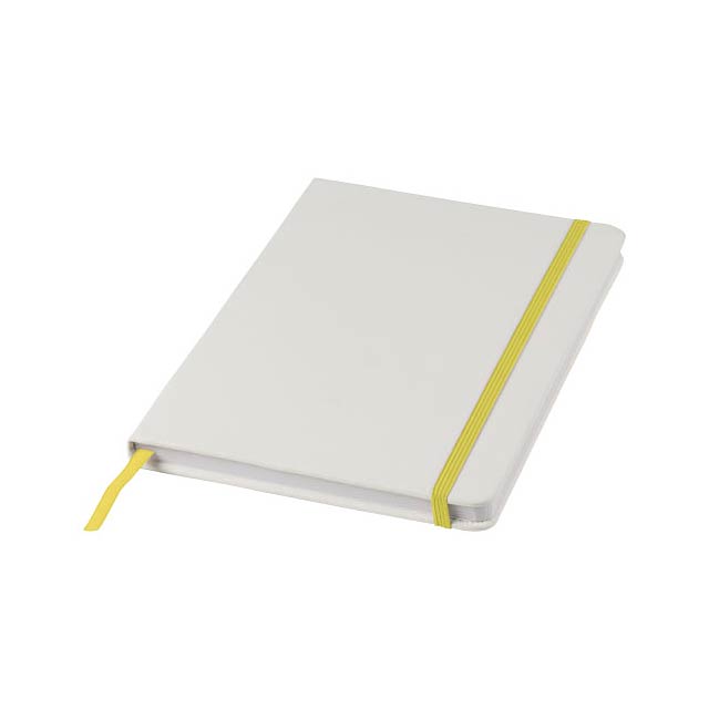 Bílý zápisník A5 s barevným elastickým zavíráním a stužkou. Obsahuje 80 listů linkovaného papíru (60g/m2). Digitální tisk lze provést na přebal.  - bílá - foto
