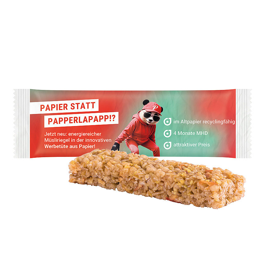 Cereal bar, recyclable PaperPlus Pro white, multigrain apple cereal bar with raisins - 