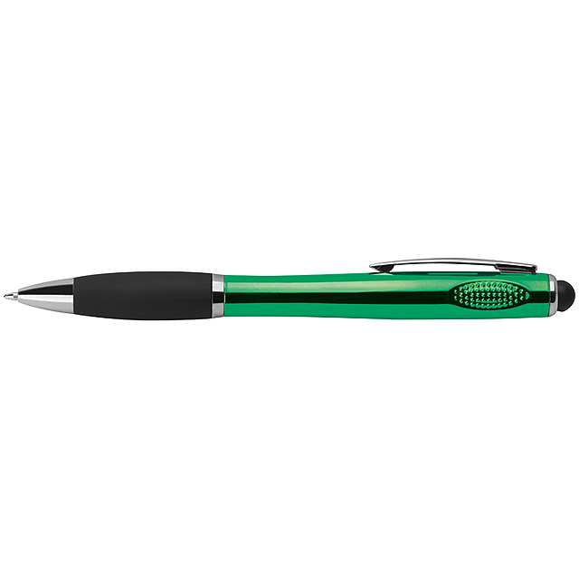 Plastové guľôčkové pero s bielym LED svetlom, kovovou sponou, gumenou rukoväťou a s dotykovou funkciou. Spôsob potlače gravírovanie.  - zelená - foto