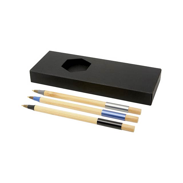 Sada kuličkových per s exkluzivním designem, skládající se ze tří kuličkových per s barevným akcentem. Kuličkové pero s modrou hliníkovou deskou je předem naplněno modrou náplní, zatímco zbývající dvě pera jsou předem naplněna černou náplní. Zabaleno v dárkové krabičce.  - dřevo - foto