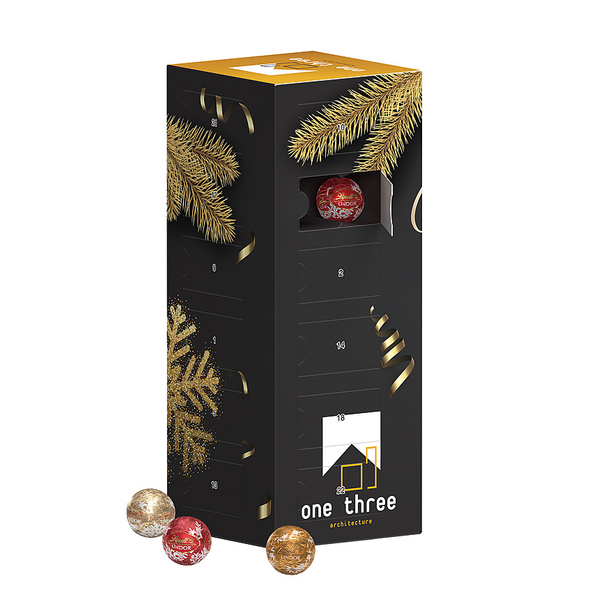 Věžový adventní kalendář s mini čokoládovými kuličkami, LINDOR mini čokoládové kuličky - Věžový adventní kalendář s mini čokoládovými kuličkami, LINDOR mini čokoládové kuličky -