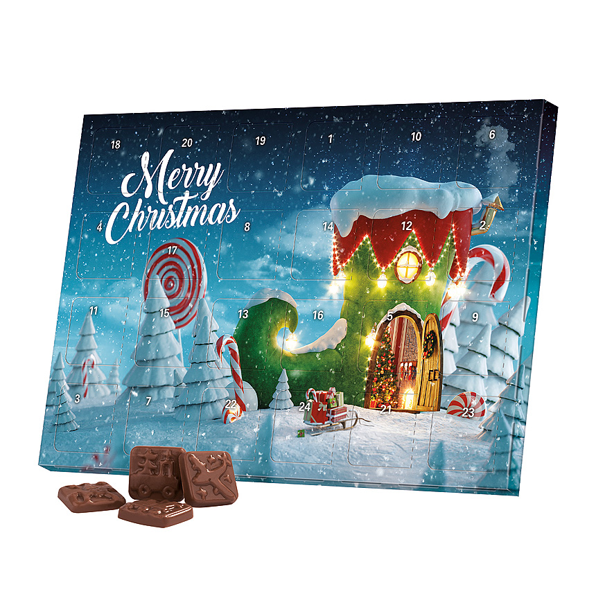 Klasický stolní adventní kalendář, pevná lepenková krabice, bílá, 24 mini alpských mléčných čokoládových tyčinek - 