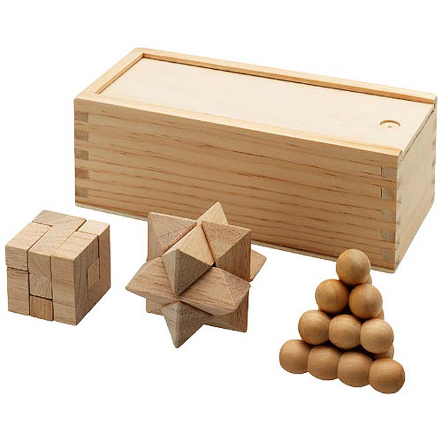 Brainiac 3-piece wooden brain teaser set - wood