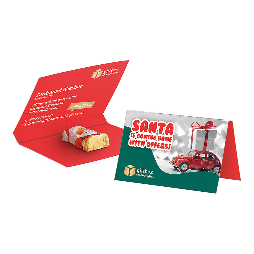 Promotion card, business card format, mini chocolate santa claus - 