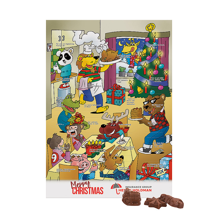 Klasick&yacute; n&aacute;stěnn&yacute; adventn&iacute; kalend&aacute;ř, německ&yacute; puzzle motiv, na v&yacute;&scaron;ku, plněn&yacute; ml&eacute;čnou čokol&aacute;dou Friedel - 