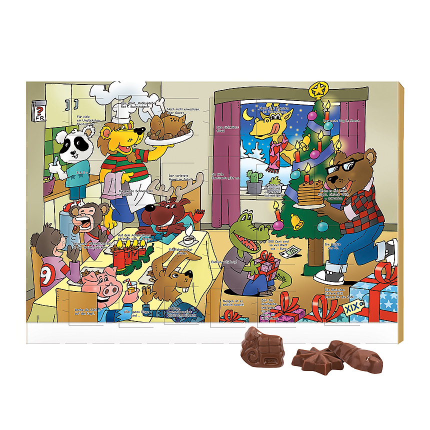 Klasick&yacute; n&aacute;stěnn&yacute; adventn&iacute; kalend&aacute;ř, německ&yacute; puzzle motiv, na &scaron;&iacute;řku, plněn&yacute; ml&eacute;čnou čokol&aacute;dou Friedel - 