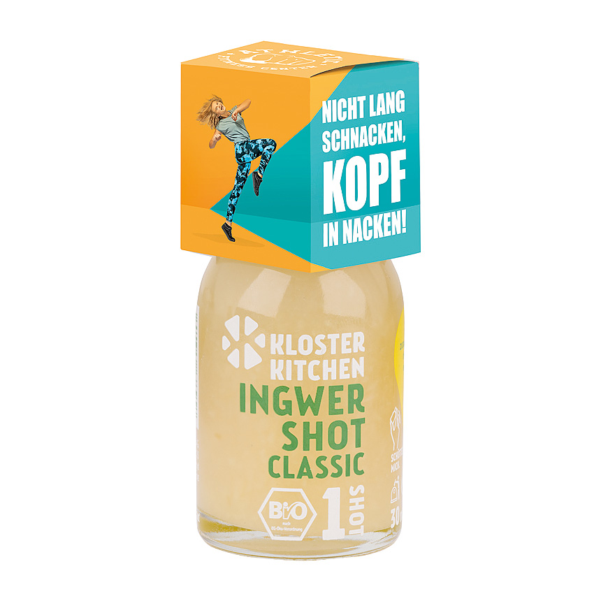BIO ginger shot with promotional box on top - 