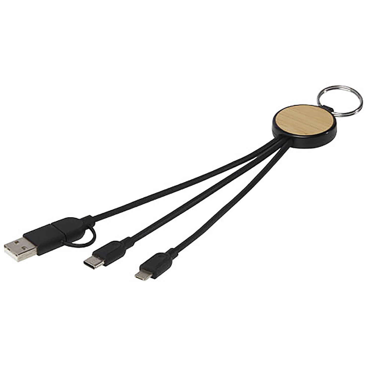 Tecta  6-in-1 Ladekabel mit Schlüsselring aus recyceltem Kunststoff und Bambus - schwarz