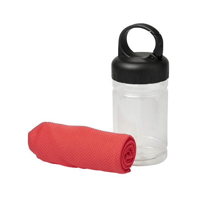 Remy cooling towel in PET container - transparent red
