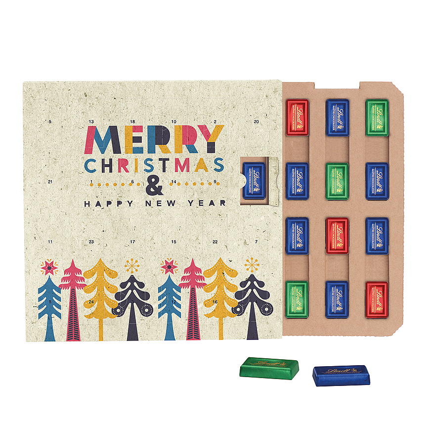 Adventní kalendář s mini tyčinkami ECO, travní papír, kartonová vložka, Lindt mini čokoládové tyčinky - Adventní kalendář s mini tyčinkami ECO, travní papír, kartonová vložka, Lindt mini čokoládové tyčinky -