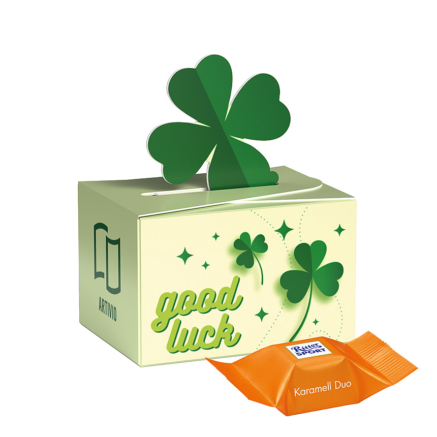 Mini gift box cloverleaf, Ritter SPORT chocolate cubes double caramel - 